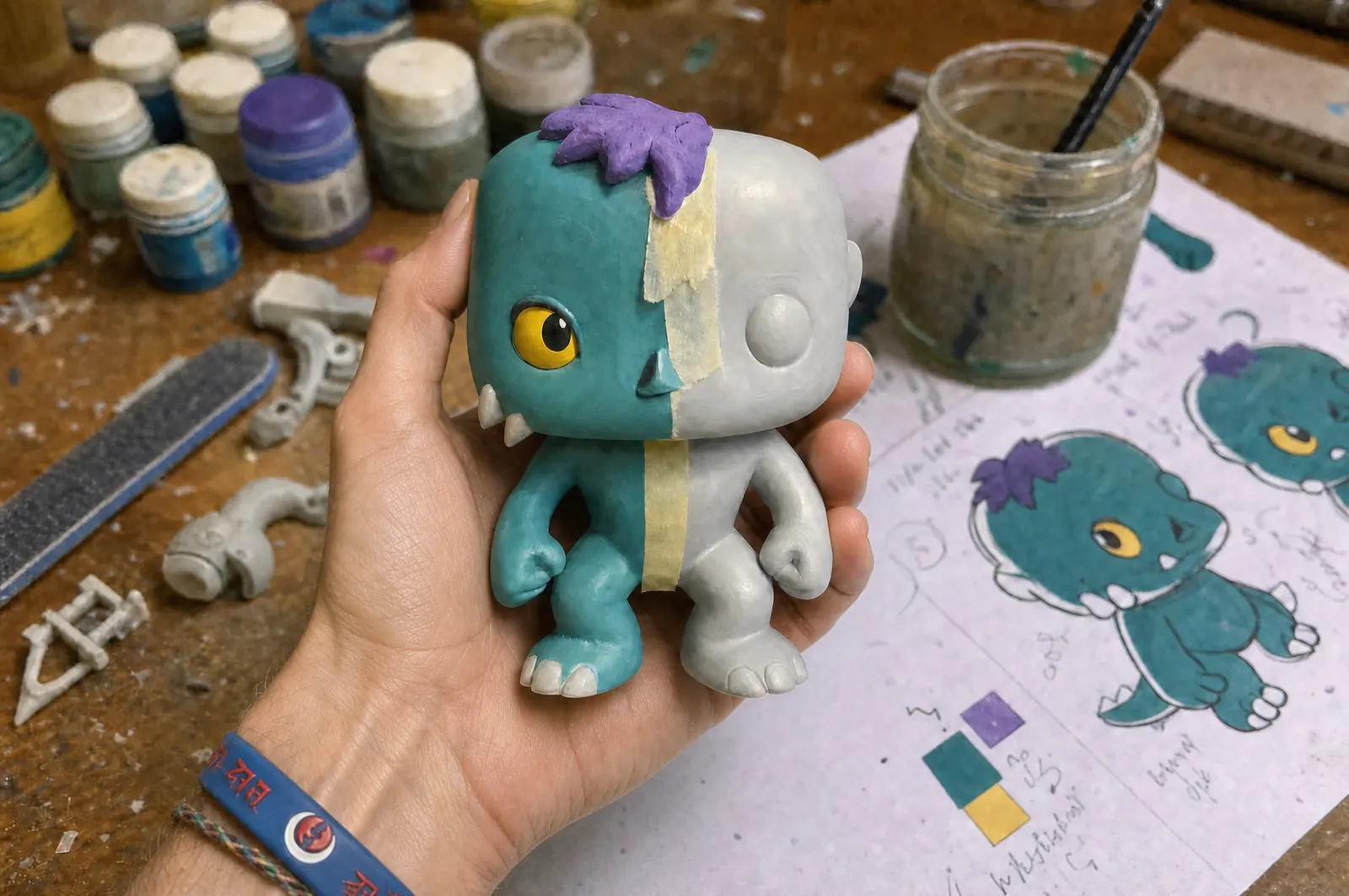 A half-painted resin master held in hand beside its colour callout sheet