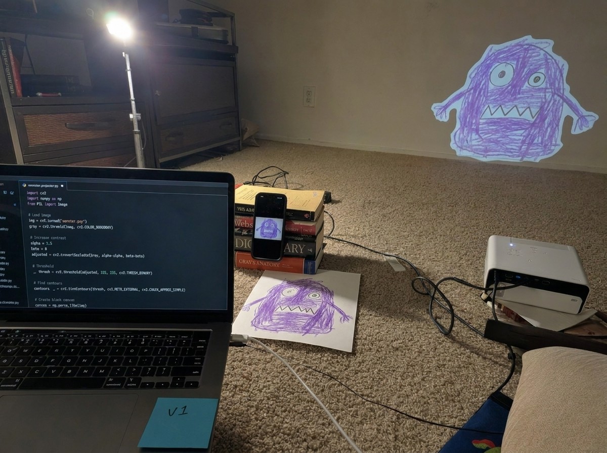 Laptop, phone on books, projector throwing a crayon monster on the wall