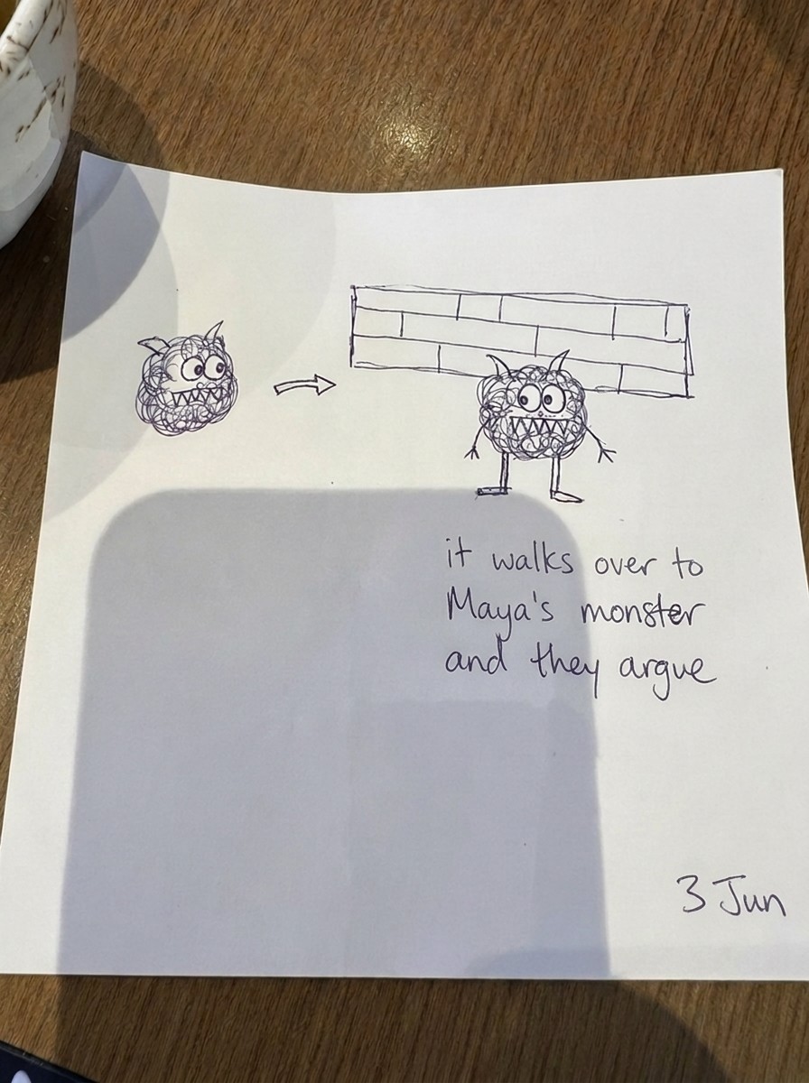 Ballpoint sketch on printer paper: monster, arrow, wall, note