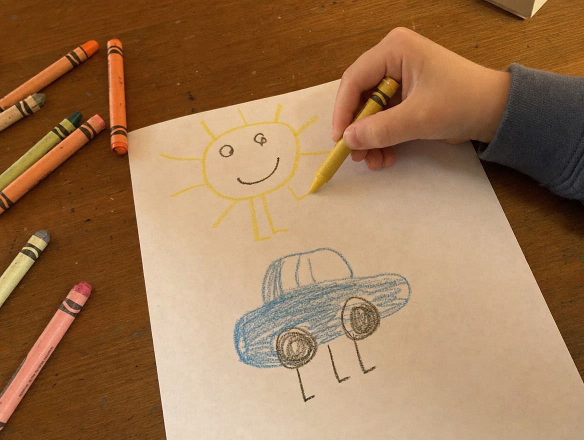 Child's hand adding crayon legs to a drawing of a sun and a car