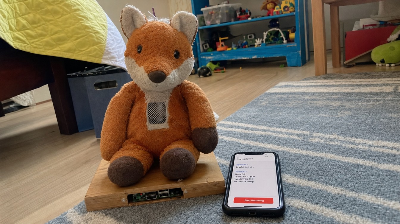 Plush fox on a wooden base on a bedroom rug, phone with transcript beside it