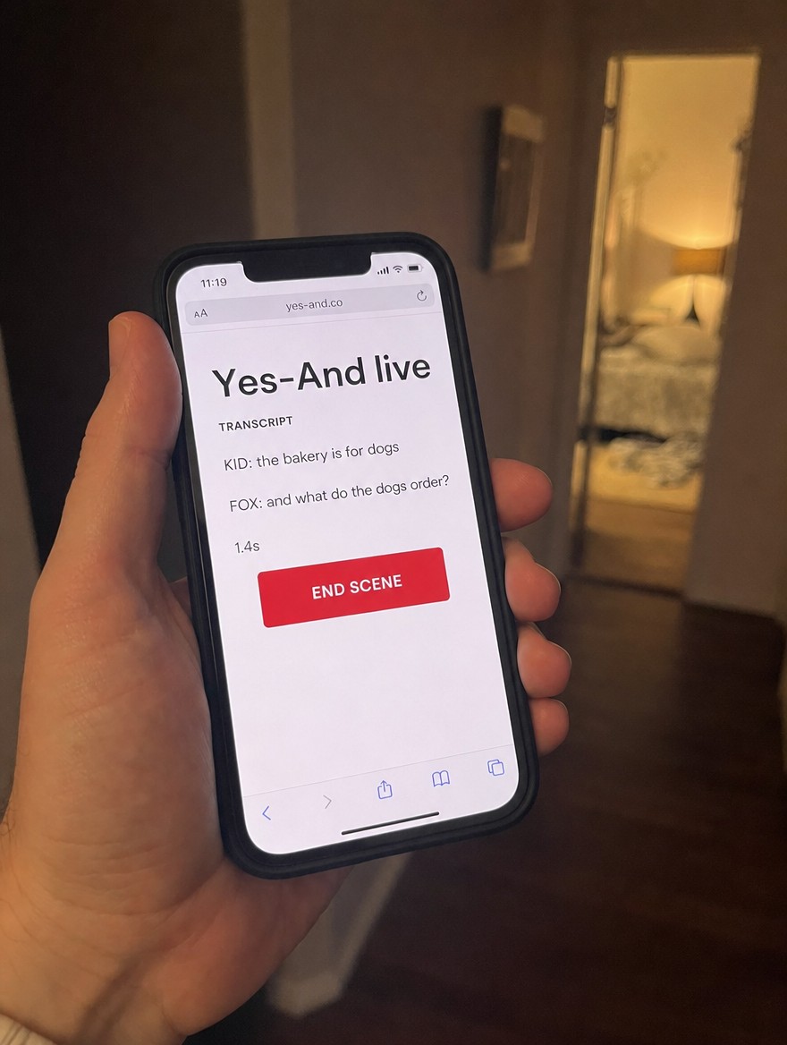 Phone in hand showing Yes-And live transcript with END SCENE button