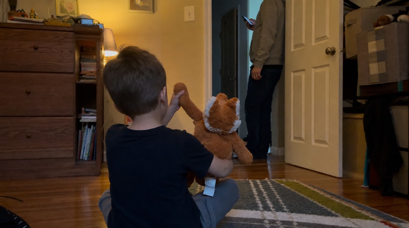 Child from behind holding the plush fox, parent in the doorway on a phone